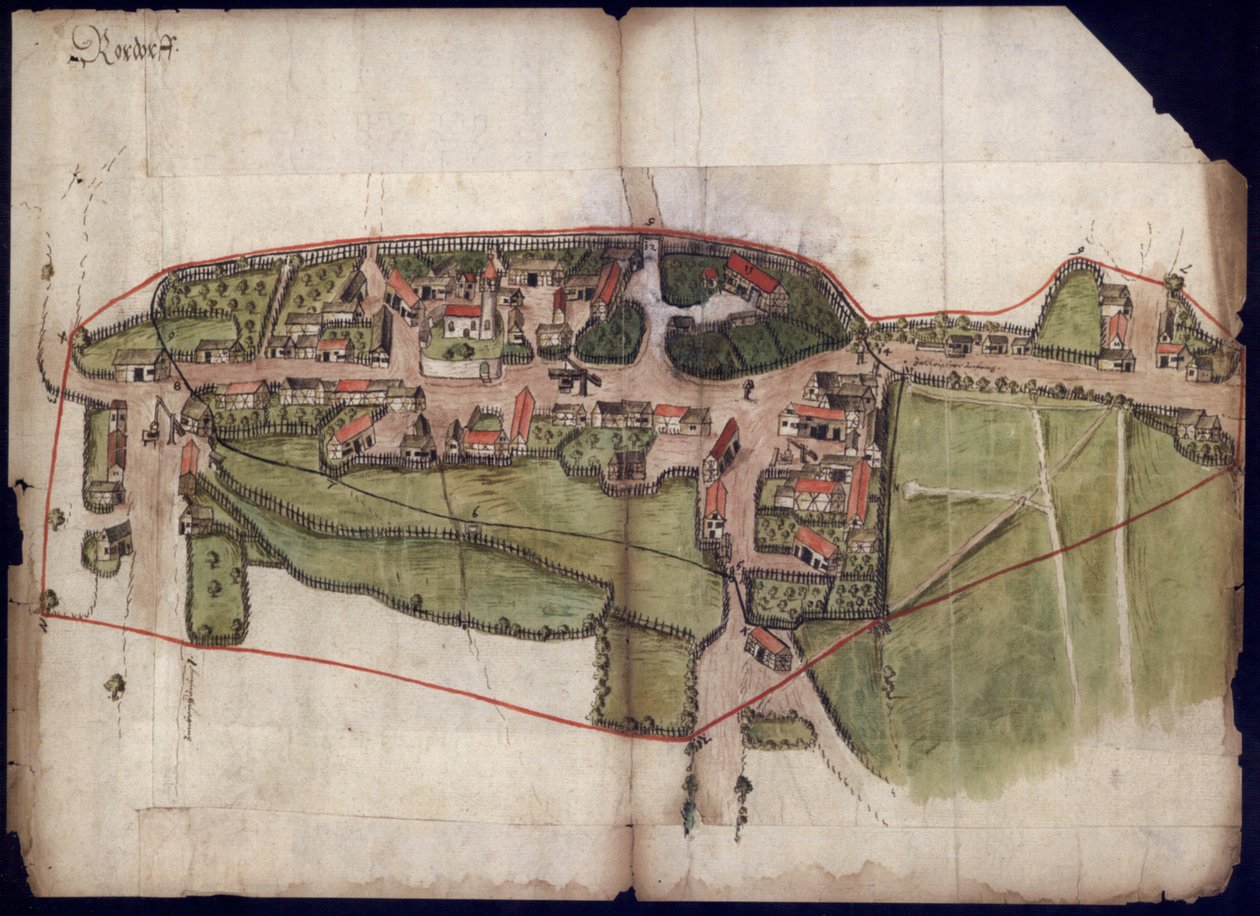 Rohrdorf falu látképe a Meßkjirch közelében, madártávlatos térképen 1576-ból alkotó: Unknown