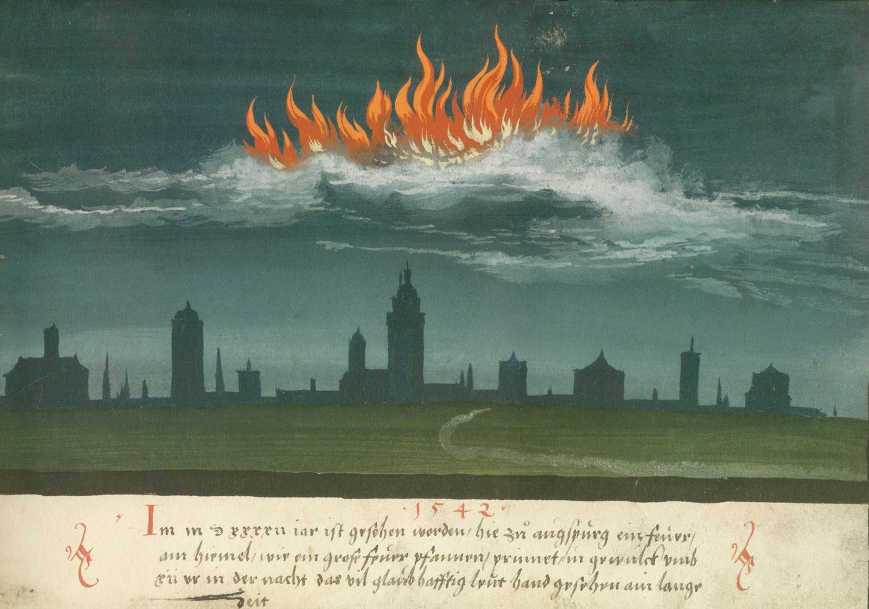 Augsburger Wunderzeichenbuch - Folio 144: Mennyei tűz Augsburg felett 1542 alkotó: Unknown