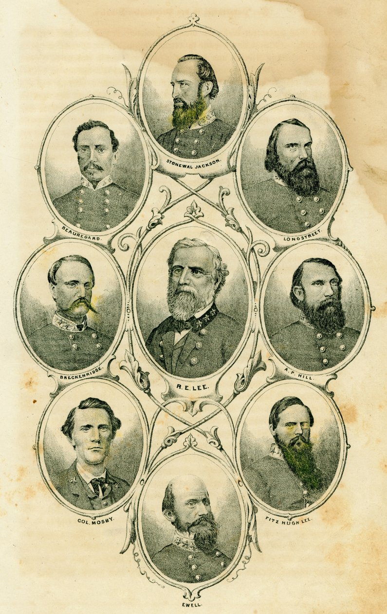 Konföderációs tábornokok (Tárgyak: Stonewall Jackson tábornokok, Longstreet, A.P. Hill, Fitzhugh Lee, Ewell, Greckenridge, Beauregard, valamint Lee és Mosby ezredes) alkotó: Unknown