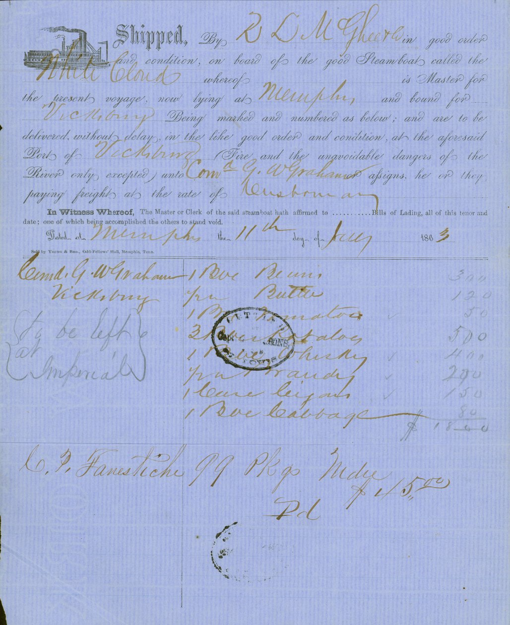 A dokumentum Charles Parsons százados, St. Louis -i segédmester bélyegét tartalmazza alkotó: Unknown