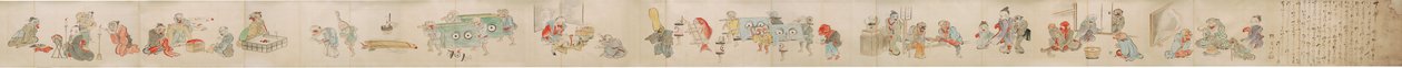 Japán tekercs, amely Yokai/youkai eljegyzést, házasságot és otthoni életet ábrázol alkotó: Unknown