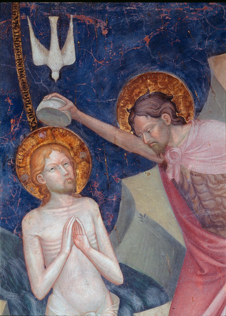 Keresztelő Szent János megkereszteli Christ Detail. Lorenzo (kb. 1374-1420) és Jacopo (? -1427 után) Salimbeni freskója 1416. San Giovanni Urbino Oratóriuma alkotó: Lorenzo da  Sanseverino
