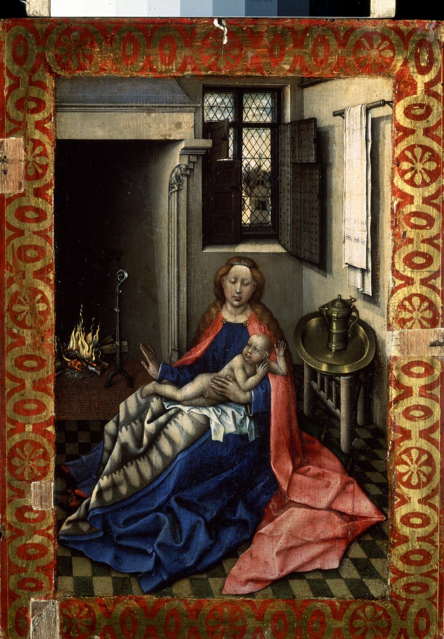 ""Madonna és gyermeke kandalló mellett"" (A Szűz és a Gyermek kandalló mellett) Diptichon jobb oldali ablaktáblája. Flemalle mestereként (1375-1444) ismert Robert Campin festménye fára 1430 körül. Méret: 34,3x24,5 cm Ermitázs Múzeum, Szentpétervár alkotó: Master of Flémalle