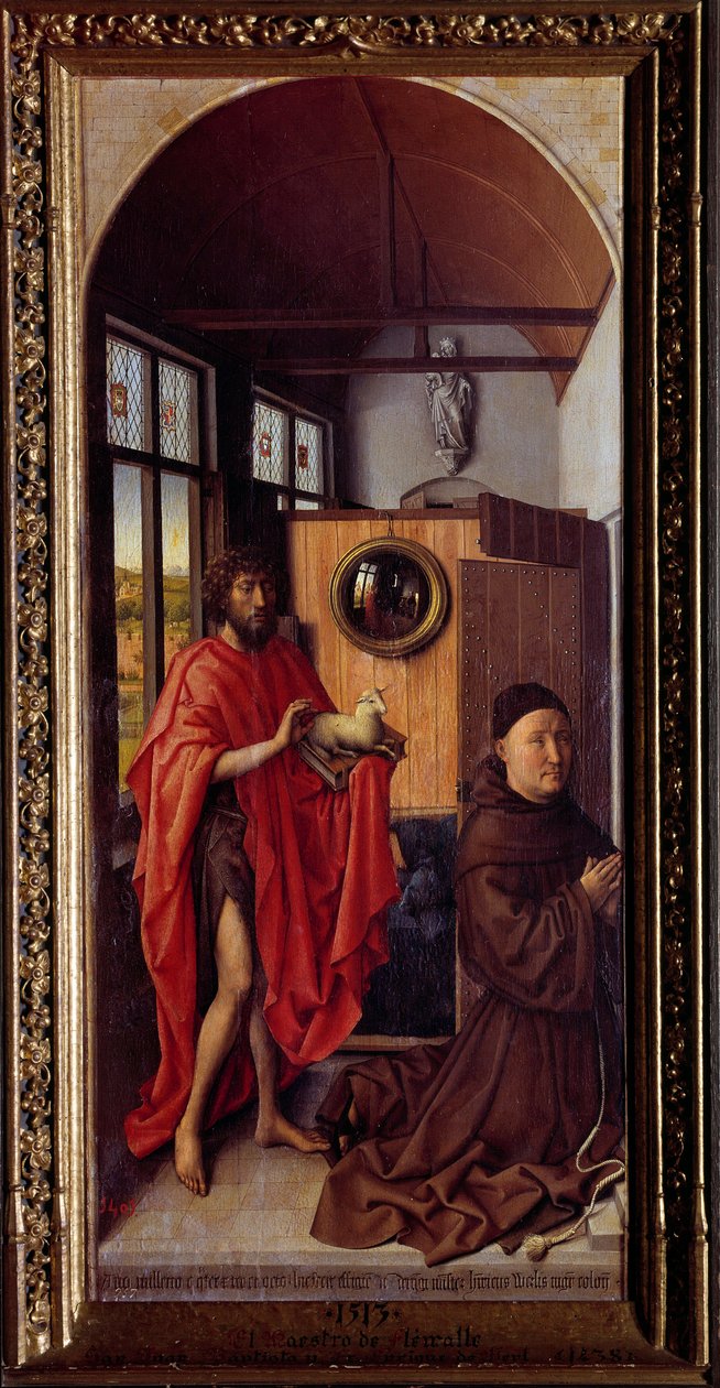 Keresztelő Szent János és Henri de Werl ferences testvér Robert Campin Flemalle mestere (1375-1444) című fafestménye 1438 V. 1,01x0,47 m Madrid, Prado Múzeum alkotó: Master of Flémalle