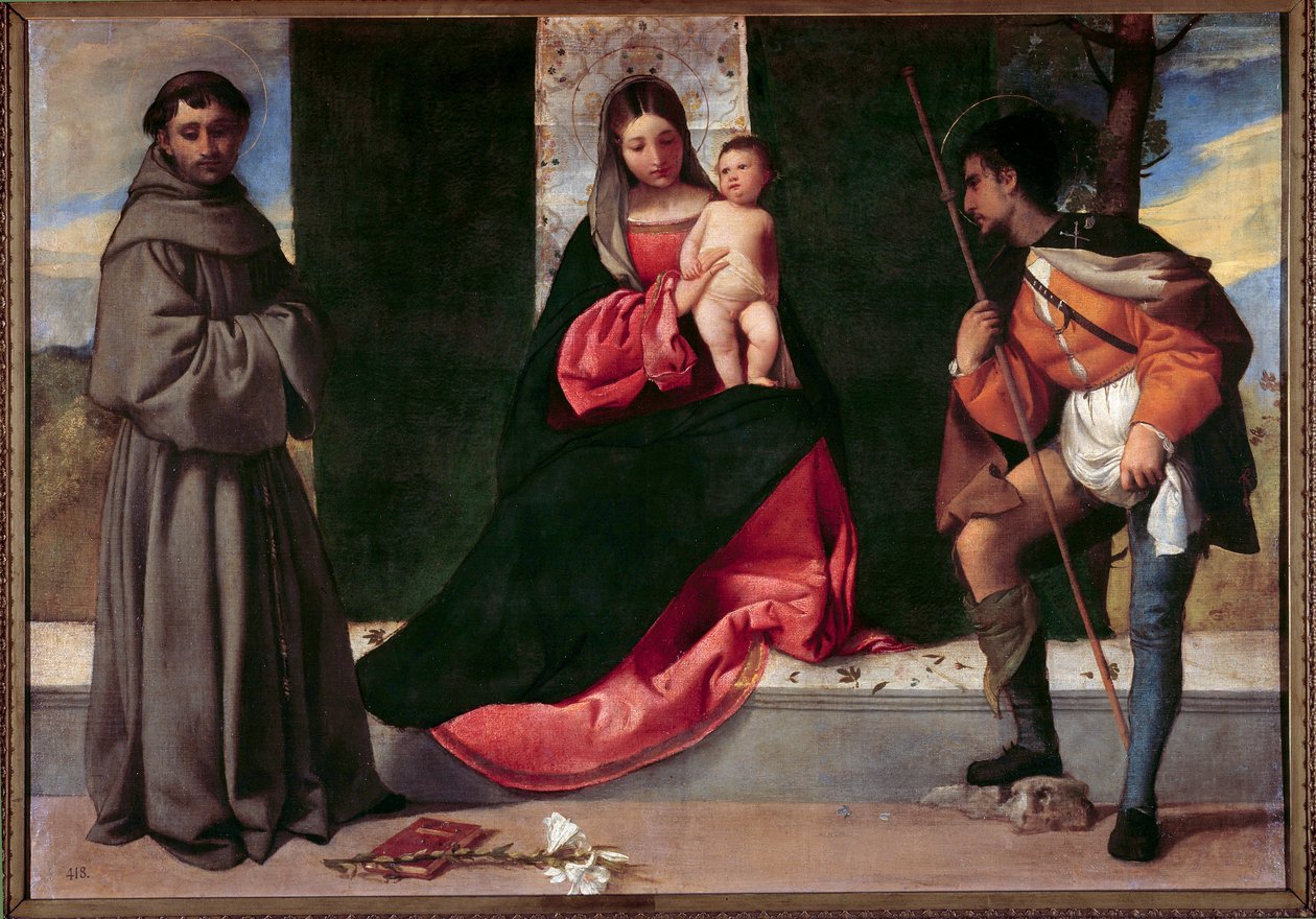 A Szűz és a Gyermek Páduai Szent Antal és Szent Rókus között Giorgio Barbarelli da Castelfranco dit Giorgione (1477-1510) festménye. 16. századi V. 0,92x1,33 m Madrid, Prado Múzeum alkotó: Giorgione