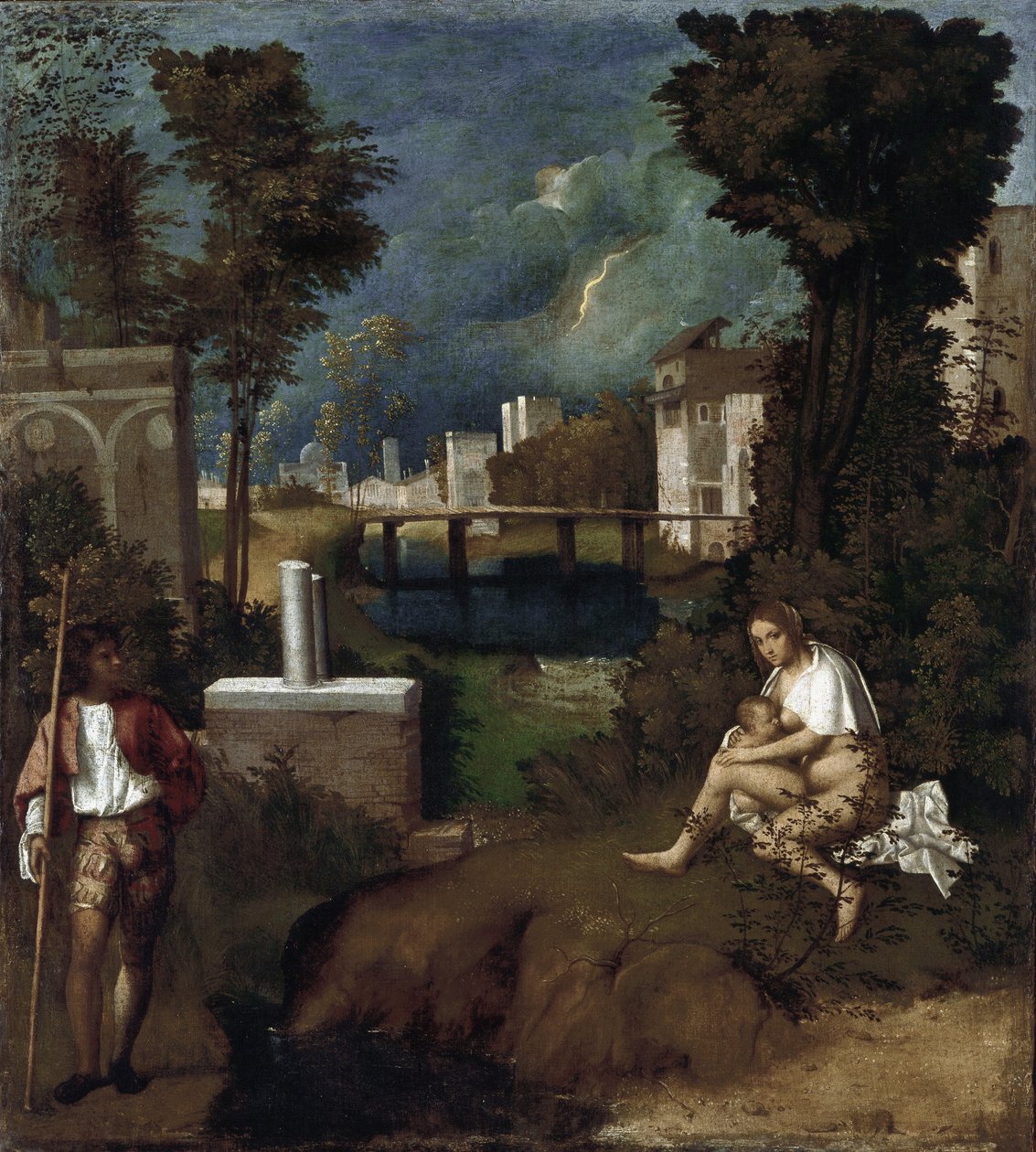 A vihar. Részlet a gyermekét szoptató nőről és a tájról - olaj, vászon, 1505-1506 körül alkotó: Giorgione