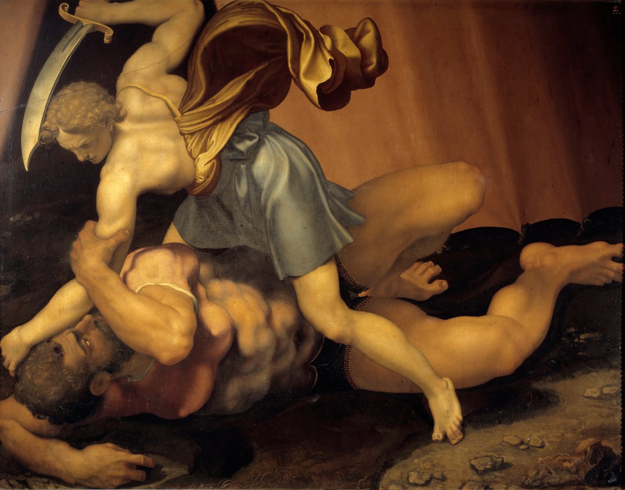 Dávid és Góliát festménye kétoldalas palalapra, Daniele de Volterra (1509-1566) alkotó: Daniele da  Volterra