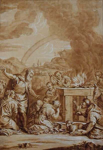 Noé az özönvíz után, vésette Elisah Kirkhall (1682-1742) (színes litó) alkotó: Veronese