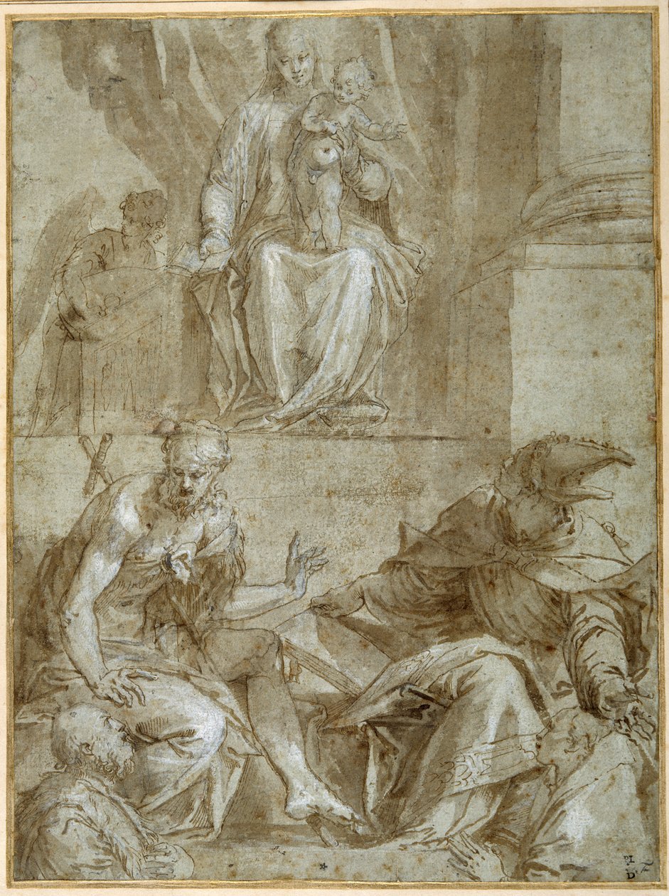 Szűz és Gyermek Keresztelő Szentekkel trónoló, 1548 körül (toll, fekete tinta és barna mosás papíron) alkotó: Veronese