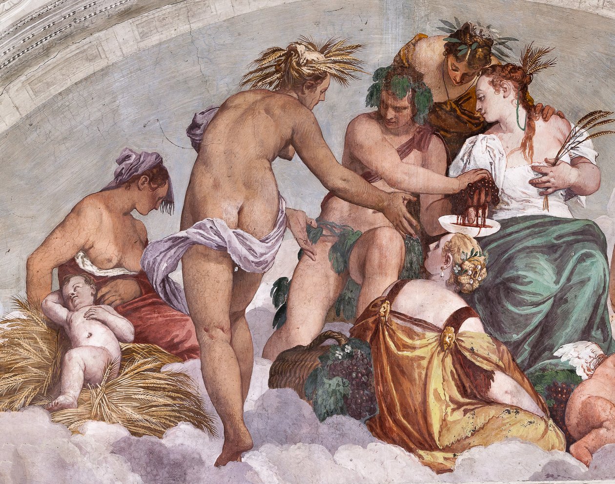 A nyár és az ősz allegóriái (Bacchus és Ceres), északi fal, lunetta a kertbe vezető ajtó felett, Olimposz csarnoka alkotó: Veronese