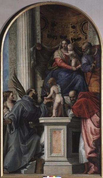 Madonna a trónoló gyermekével, Keresztelő Szent János kisfiúként, Szent József, Szent Jeromos, Szent Jusztinián és Szent Ferenc. alkotó: Veronese