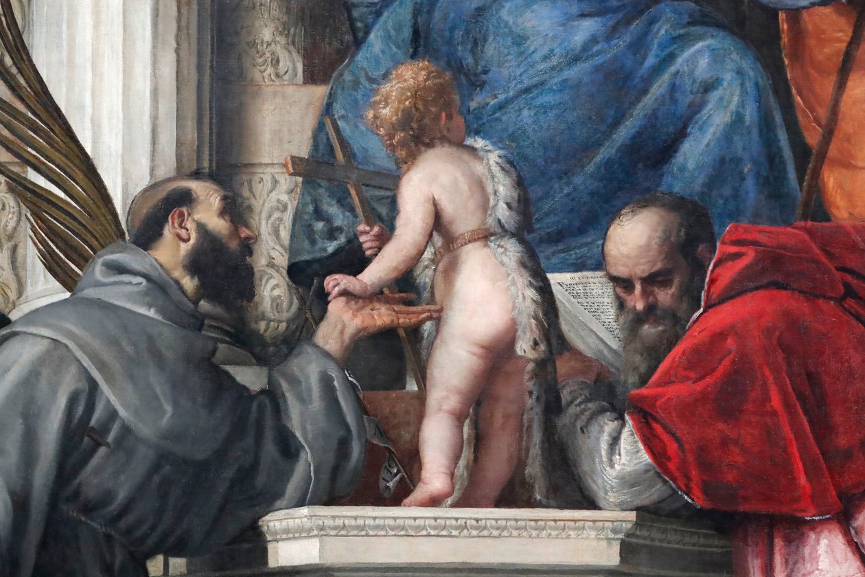 Madonna és gyermeke Szent Józseffel, Jusztinával, Ferenccel, a csecsemő Keresztelő Jánossal és Jeromossal alkotó: Veronese