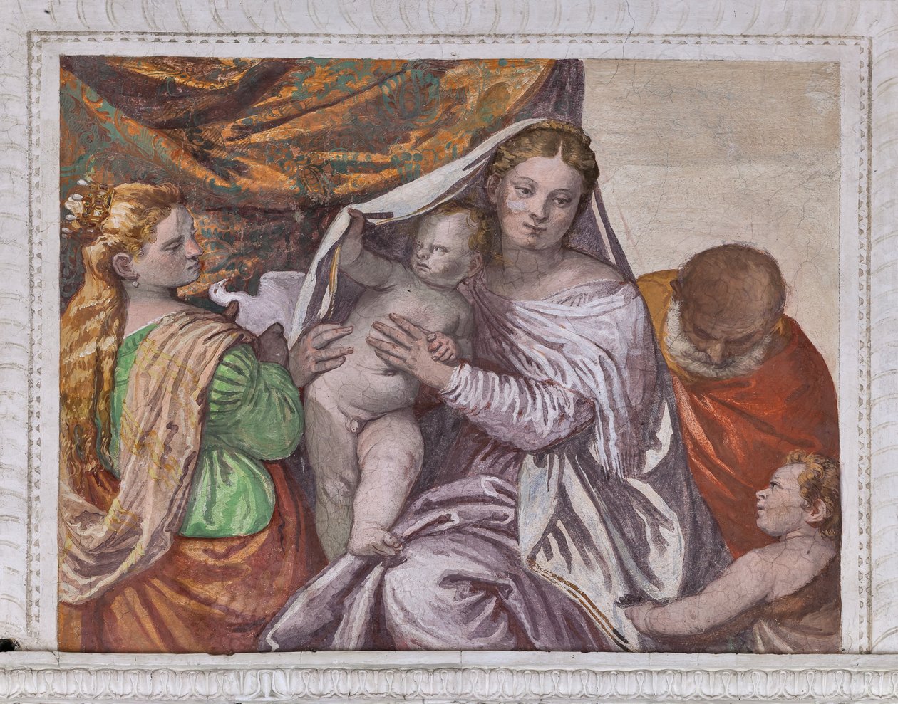 Madonna Kis Jézussal és Szent Katalin galambot ajánl Jézusnak, A kiskutya szobájának déli fala, 2632659 részlet alkotó: Veronese