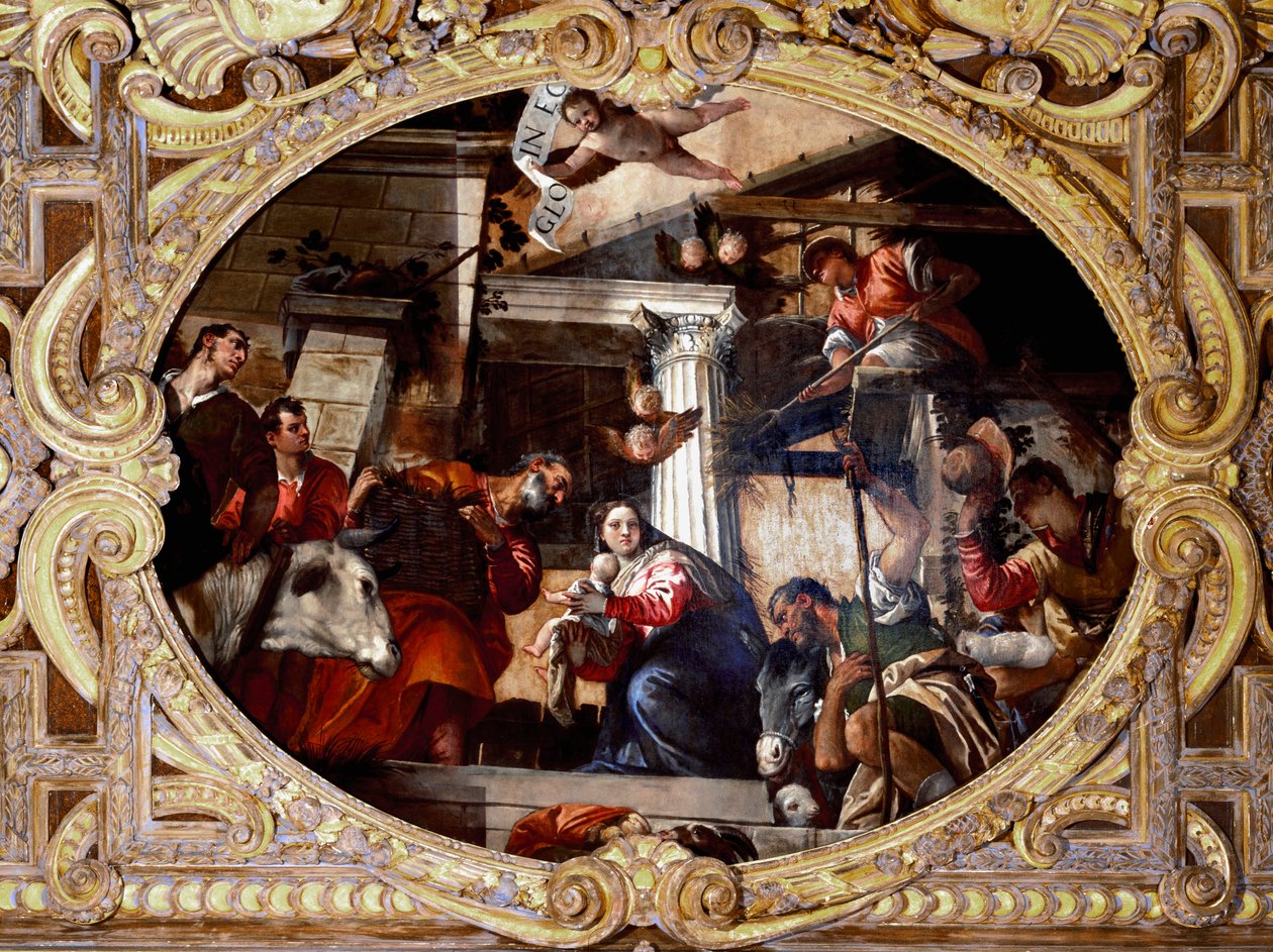 Pásztorok imádása. Paolo Caliari Paolo Veronese (1528-1588) festménye, 1568 után. Olaj, vászon. Mérete: 910x455 cm. Velence, SS-bazilika. Giovanni e Paolo (San Zanipolo), Rózsafüzér kápolna. Velence (Szent Giovanni és Paolo bazilika alkotó: Veronese