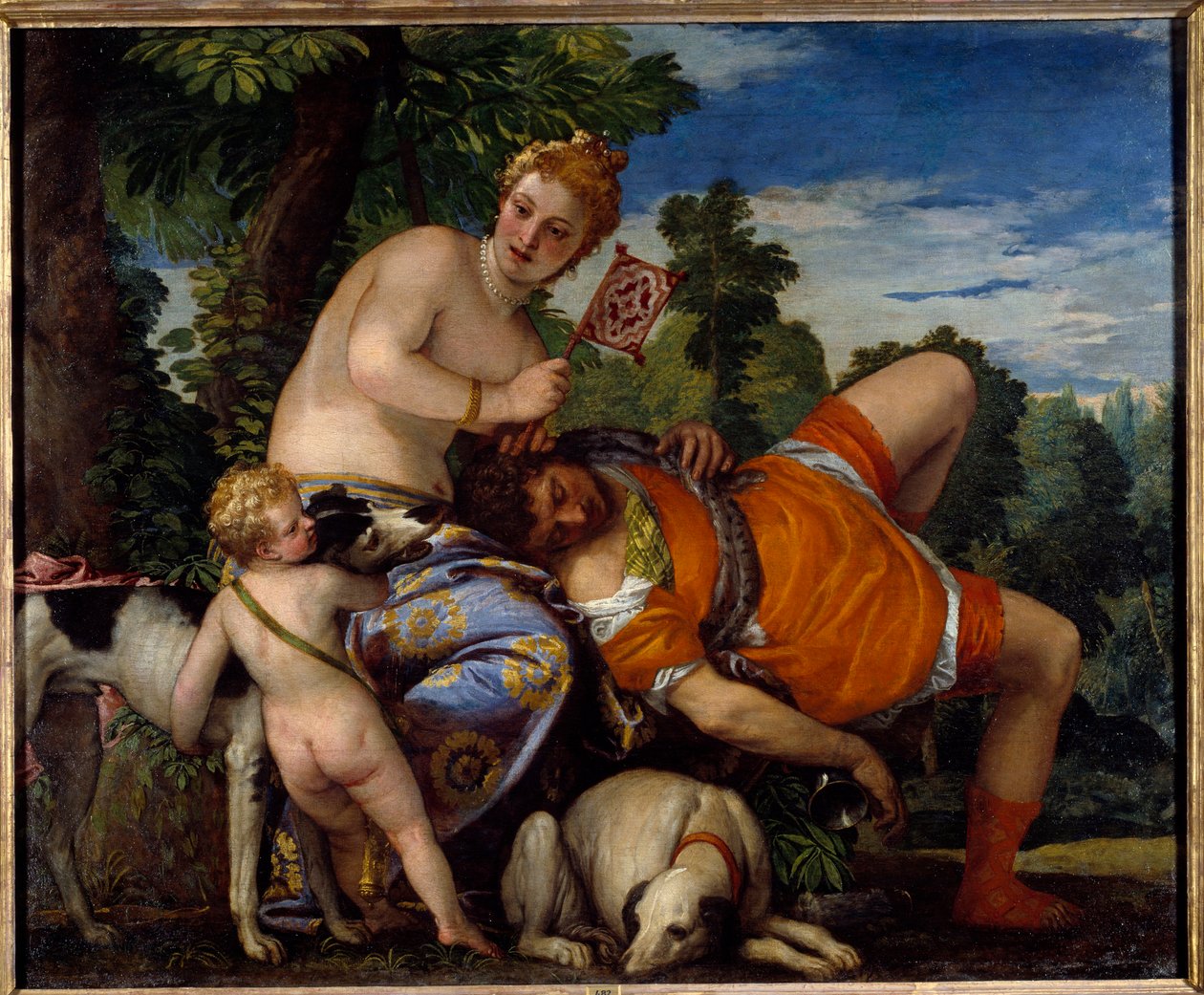 Aphrodité és Adonisz. Adonisz, a görög mitológia alakja szereti Aphroditét. Paolo Veronese (1528-1588) festménye alkotó: Veronese