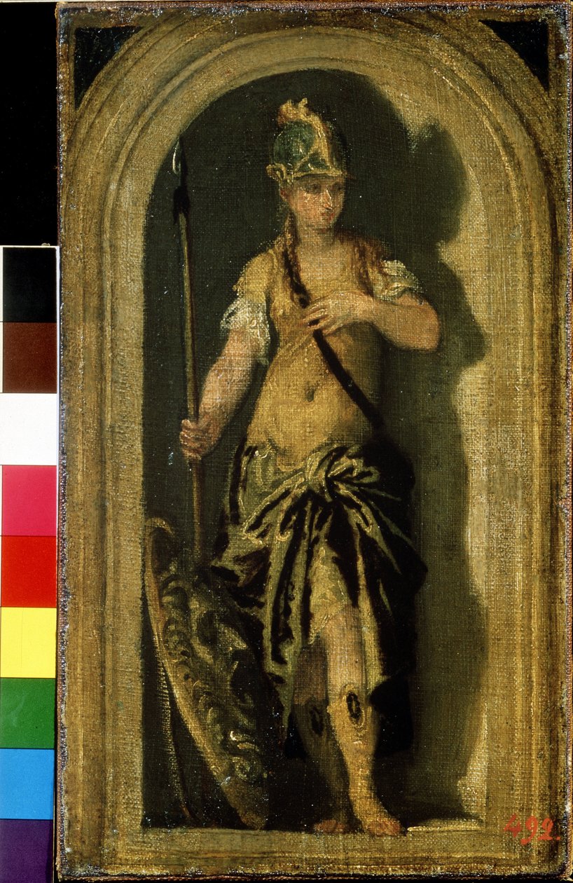 Minerva (Minerca). Mellette a pajzsa a Gorgon Medusa fejével. Paolo Veronese (1528-1588) festménye. Olaj, vászon, 28 x 16 cm, 1560 körül. Velencei művészet, olasz reneszánsz. Puskin Szépművészeti Múzeum, Moszkva. alkotó: Veronese