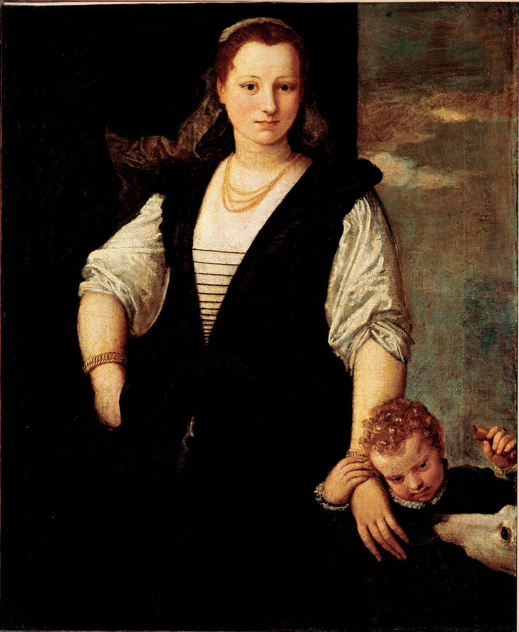 Nő portréja gyerekkel és kutyával (Francesco Bevilacqua gyermekei?) Paolo Veronese Caliari festménye (1528-1588) 16. század V. 115x95 cm Párizs, Musee du Louvre alkotó: Veronese