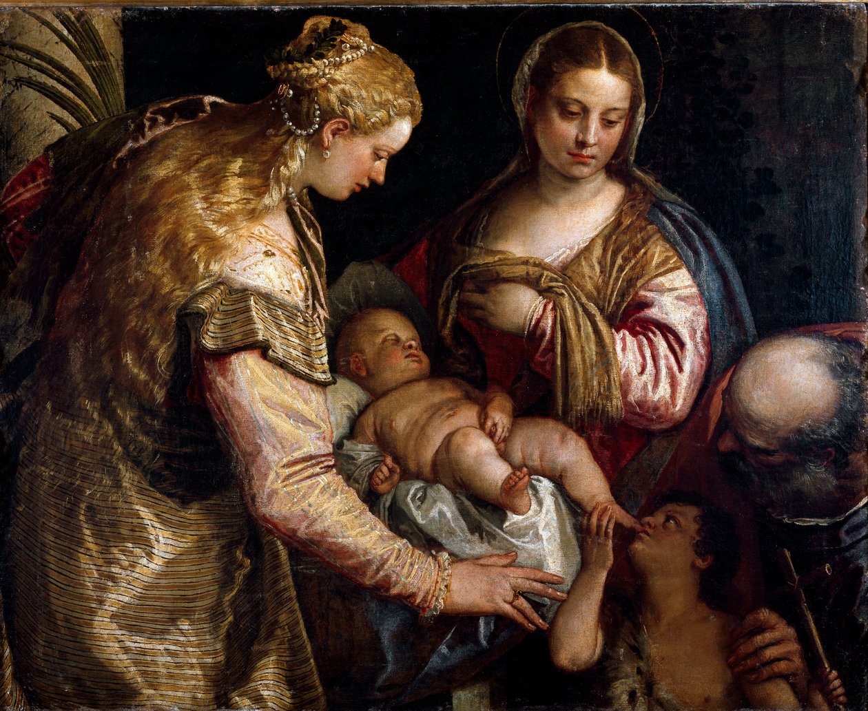 A Szent Család Szent Barbával és Keresztelő Szent Jánossal. Paolo Caliari Paolo Veronese (1528-1588) című festménye, 1562 körül. Olaj, vászon. Mérete: 86x122 cm. Firenze, Galleria degli Uffizi (Firenze, Uffizi Múzeum) alkotó: Veronese
