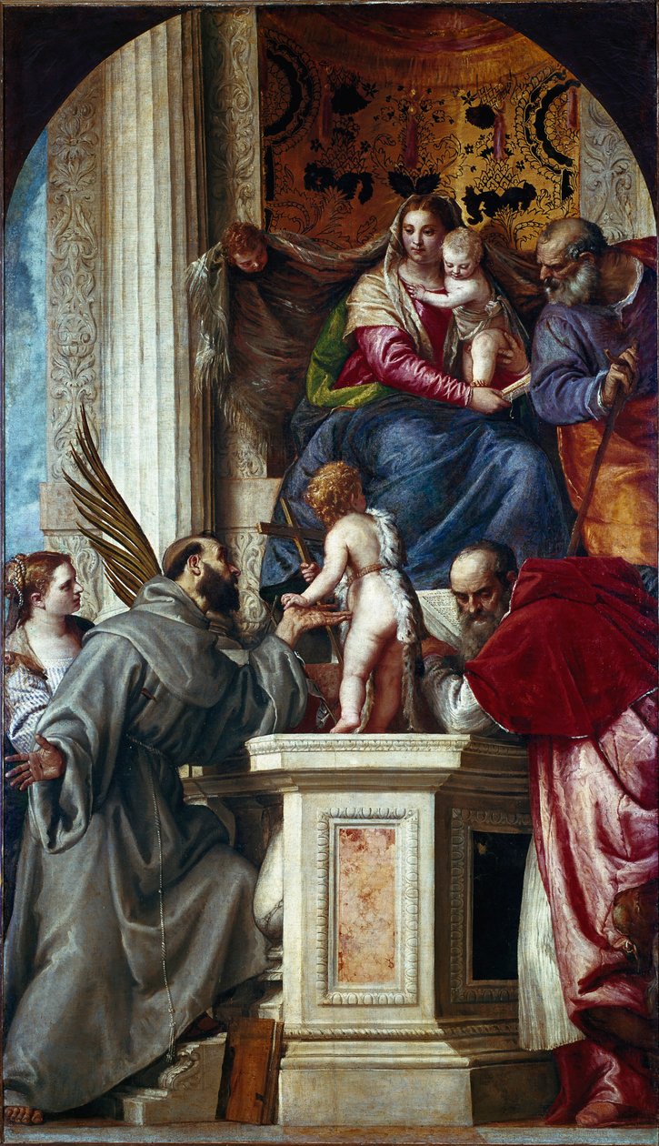A Szent Család szentekkel (A szent beszélgetés Pala di San Zaccariaként vagy Szent Zakariás oltárképeként ismert). Paolo Caliari festménye Paolo Veronese (1528-1588) alkotó: Veronese