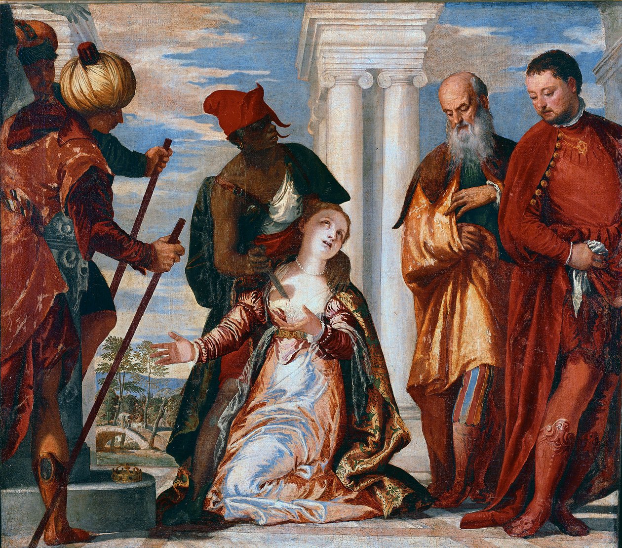 Páduai Szent Justine mártíromságát egy kardcsapás szúrja át. Paolo Caliari Veronese festménye (1528-1588) alkotó: Veronese