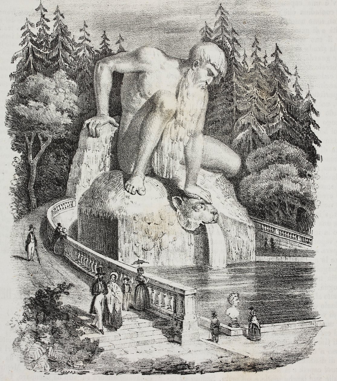 Appenninek kolosszusa (Giambologna mellett) a Villa Demidoff parkjában (Villa Medicea of ​​​​Pratolino), Vaglia, Toszkána, Olaszország, Giovanni Mariani litográfiája, Poliorama Pittoresco, n 10, október 15. alkotó: Giambologna
