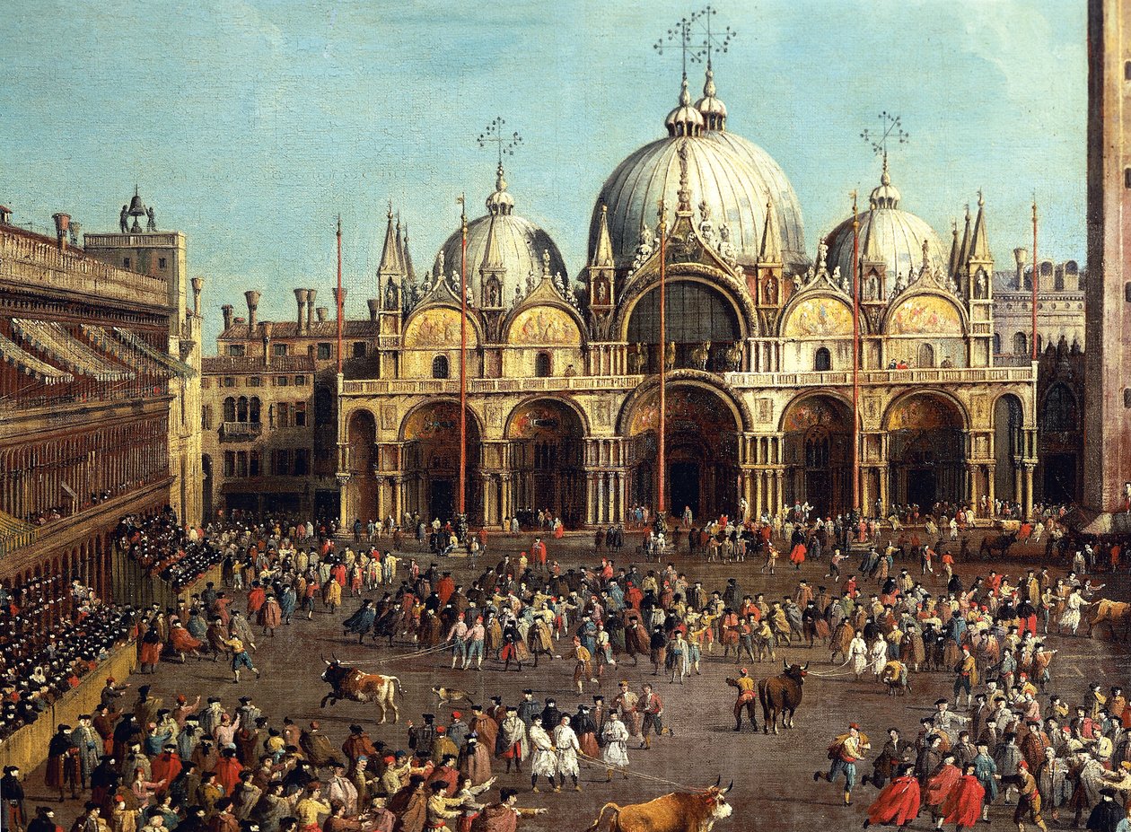 Bikaviadal vagy bikavadászat a Piazza San Marco-n, Giovanni Antonio Canal, Canaletto (1697-1768) és Giovanni Battista Cimaroli (1687-1753 után), olaj, vászon, 99x145 cm alkotó: Canaletto
