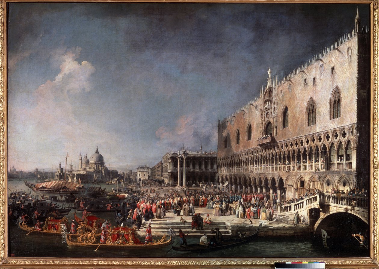 "Gróf Gergy, Franciaország nagykövetének bejárata a velencei hercegi palotában" (A francia nagykövet érkezése Velencébe) Giovanni Antonio Canal, Said Canaletto (1697-1768) festménye alkotó: Canaletto