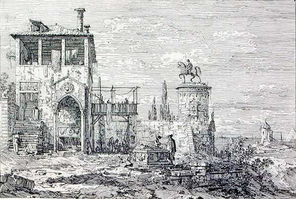 Táj lovas emlékművel (metszet) alkotó: Canaletto