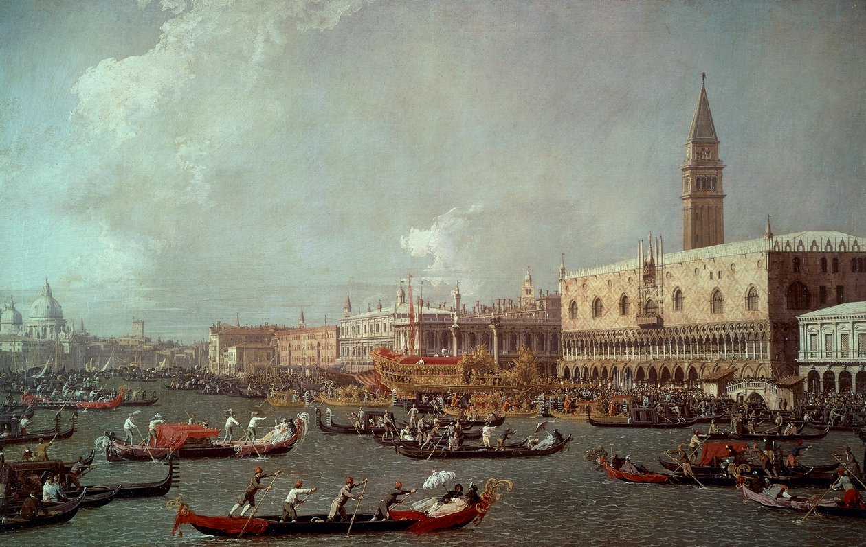A Bucentaur visszatérése a mólóhoz a mennybemenetel napján (kb. 1760), a Canaletto néven ismert Giovanni Antonio-csatorna (1697-1768), olaj, vászon alkotó: (1697 1768) Canaletto