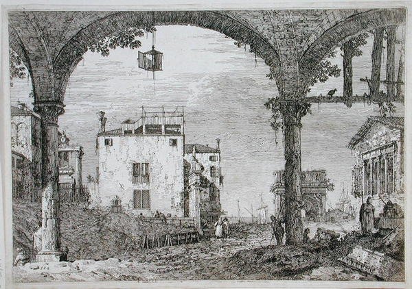 Kilátás egy árkádon keresztül a tengerparti épületekre (rézkarc) alkotó: Canaletto
