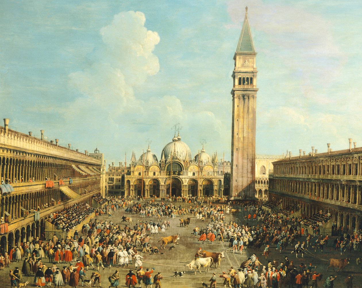 Bikaviadal vagy bikavadászat a Piazza San Marco-n, Giovanni Antonio Canal (1697-1768) és Giovanni Battista Cimaroli (1687-1753 után), olaj, vászon, 99x145 cm alkotó: Canaletto