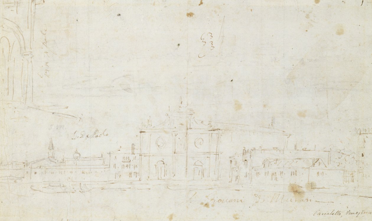 Murano: San Giovanni Dei Battuti, Velencével a távolban, 1735-40 körül (rajz) alkotó: Canaletto