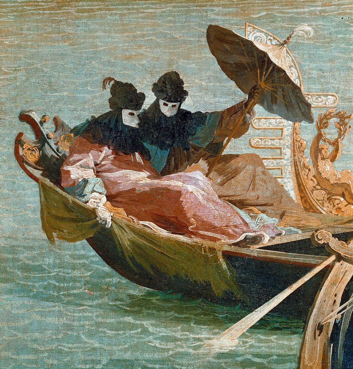 A velencei dózse eljegyzése az Adriai-tengerrel: Részlet két maszkot és esernyőt viselő szereplőről egy gondolán (olaj, vászon, kb. 1729) alkotó: Canaletto
