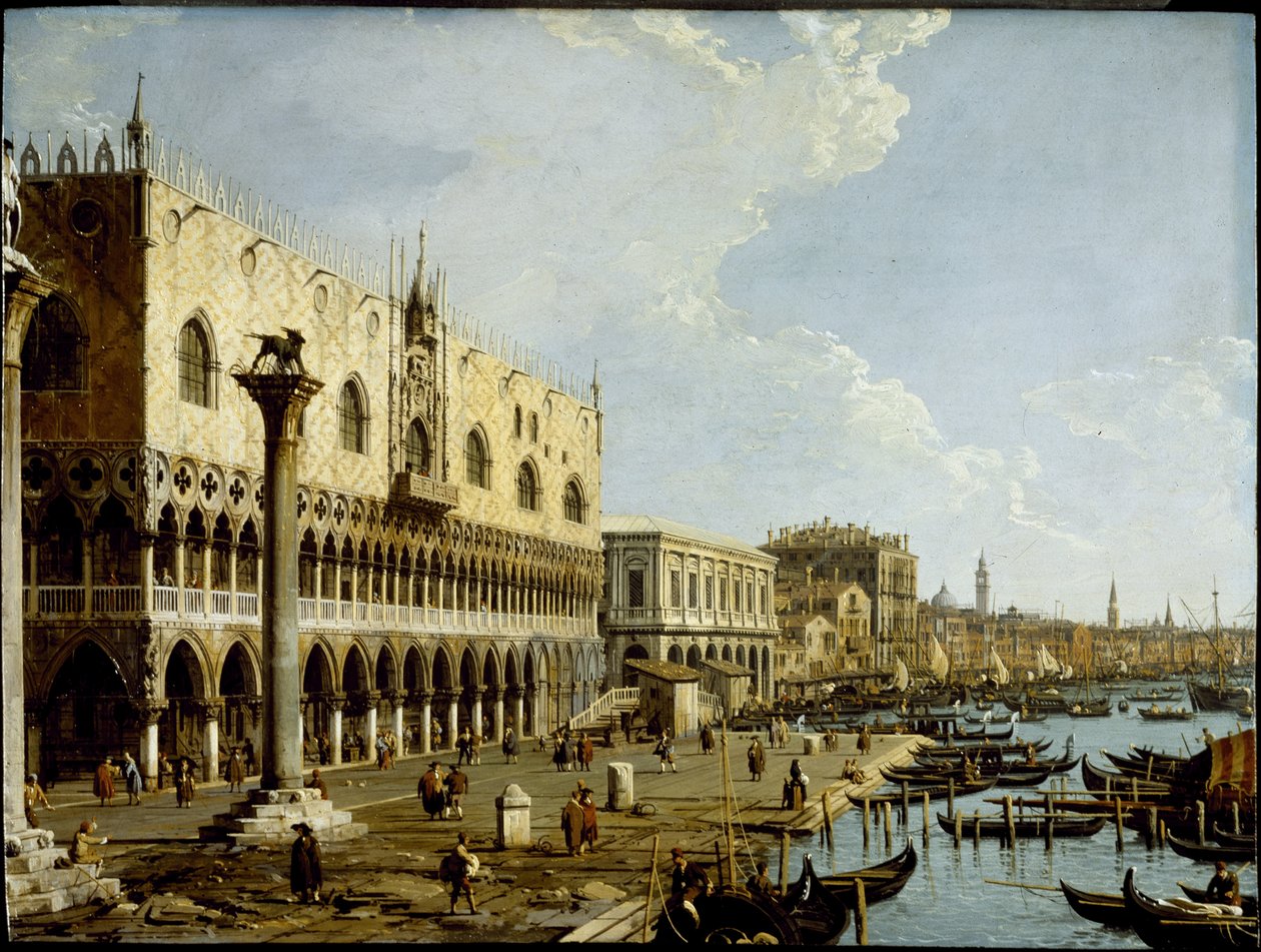 Velence: kilátás a Dózse-palotára és a Riva degli Schiavonira a Piazzettáról, 1729 körül (olaj, rézlemez) alkotó: Canaletto