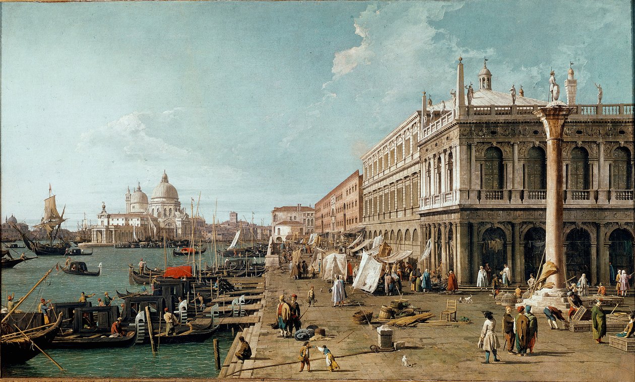 Kilátás a Molo-ra, a Biblioteca Marcianára és a Szent Theodor-oszlopra, Velence alkotó: Canaletto