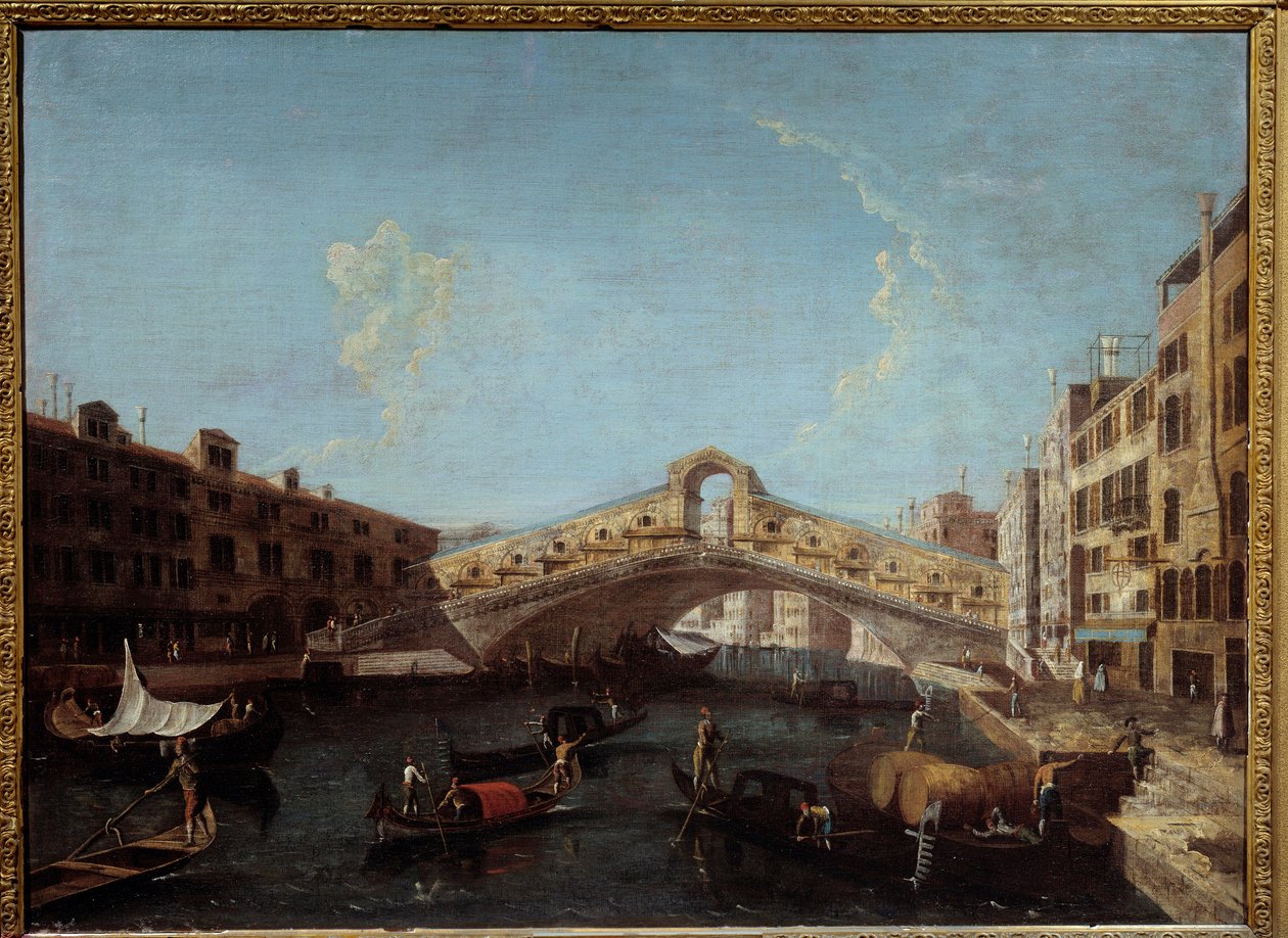 Kilátás a Rialto-hídra a velencei gondolákban a Canal Grandén. Antonio Canal dit Canaletto festménye (1697-1768) 18. századi Nimes, Szépművészeti Múzeum alkotó: Canaletto
