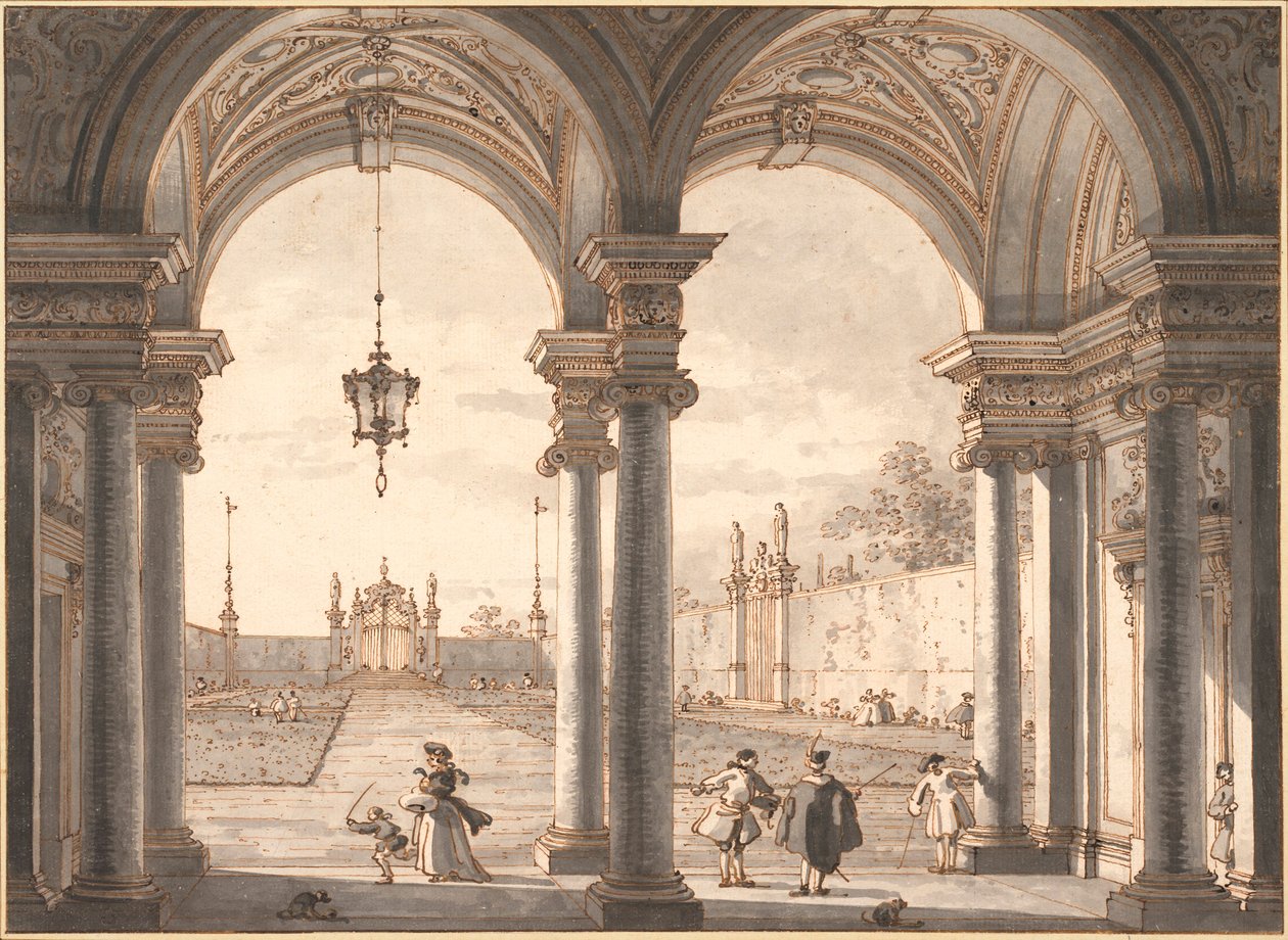 ""Kertre néző barokk oszlopsor látképe"" (Kilátás barokk oszlopsoron át a kertbe) Antonio Canal dit Canaletto (1697-1768) tollrajza 1760-1768 Méret: 33,1x45,4 cm Albertina, Bécs alkotó: Canaletto