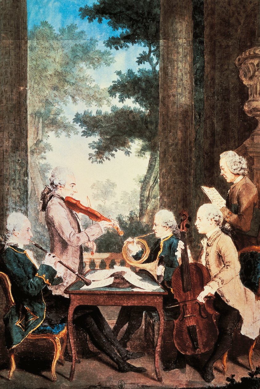 Koncert oboával, hegedűvel, kürttel és csellóval, Louis de Carmontelle (1717-1806), akvarell. Franciaország alkotó: Carmontelle