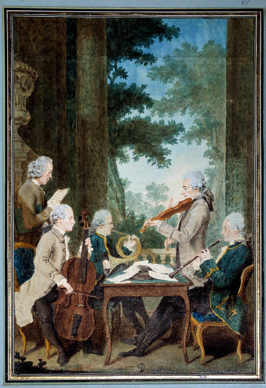 Gentlemen Duport, Vachon, Rodolphe, Provers és Vernier Egy zenészcsoport portréja egy koncert alatt. Louis Carrogis (1717-1806) akvarellje, Carmontelle. 18. századi V. 0,34x0,23 m Chantilly, múzeumi konde alkotó: Carmontelle