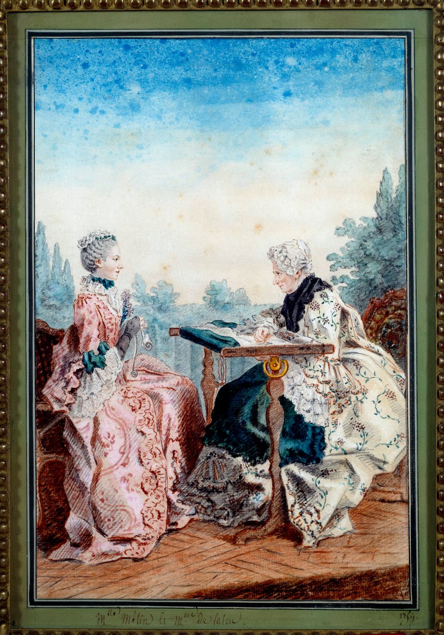 Mademoiselle Melin és Mademoiselle de Laleu Louis carrogis dit Carmontelle (1717-1806) akvarell kárpitját készíti 1759. Párizs, Musee Carnavalet alkotó: Carmontelle