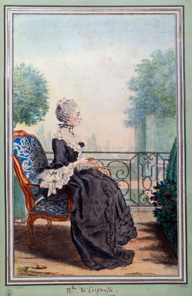 Julie de Lespinasse (1732-1776) betűs nő egészalakos portréja Louis Carrogis (1717-1806) akvarellje, Carmontelle néven. 18. századi Chantilly, conde múzeum alkotó: Carmontelle