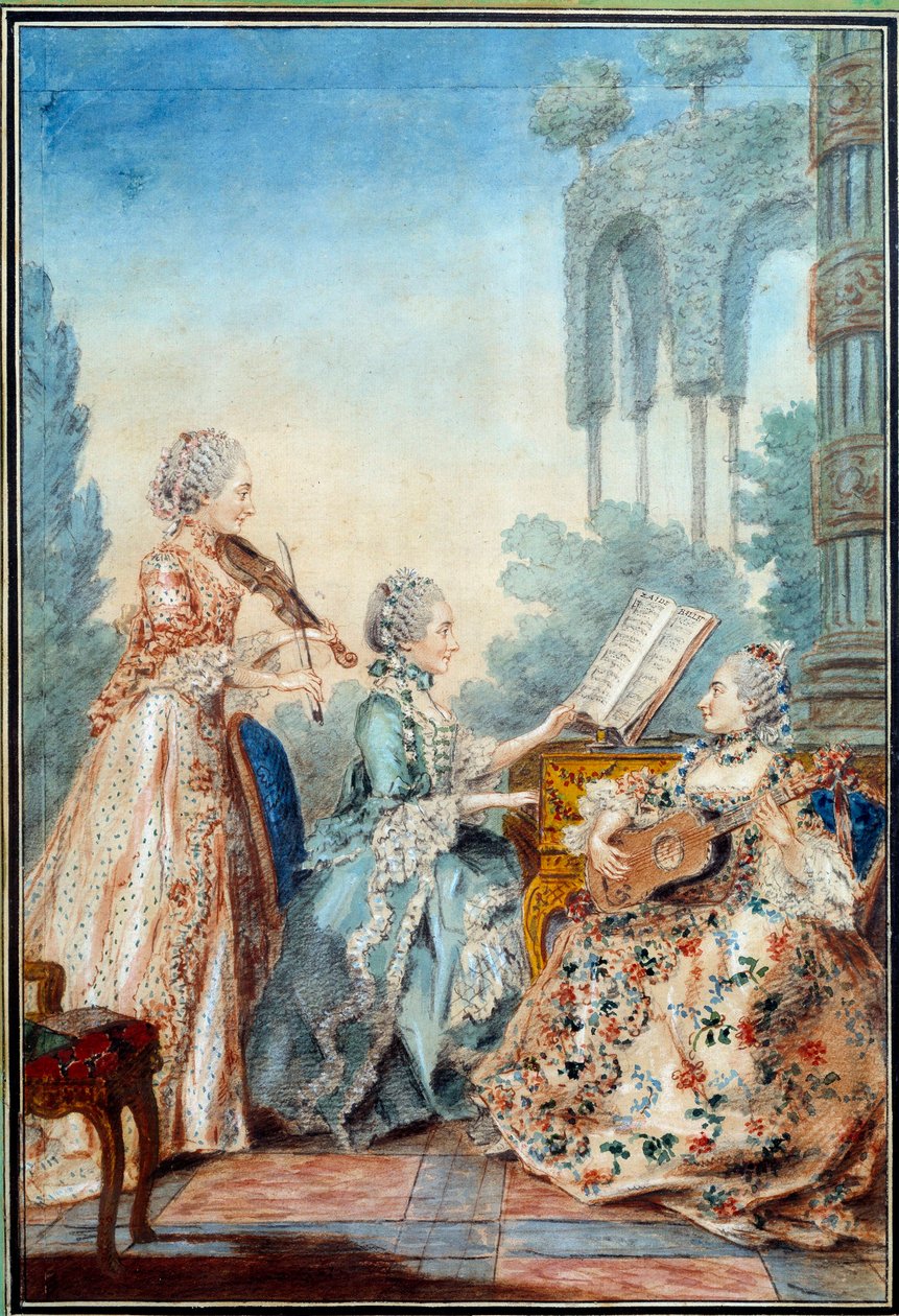 Joseph Nicolas Pancrace Royer (1705-1755) zeneszerző három lánya, aki Louis Carrogis Carmontelle (1717-1806) Zaide Aquarelle című balettjének partitúráját adja elő 1760 Párizs, Musee Carnavalet alkotó: Carmontelle