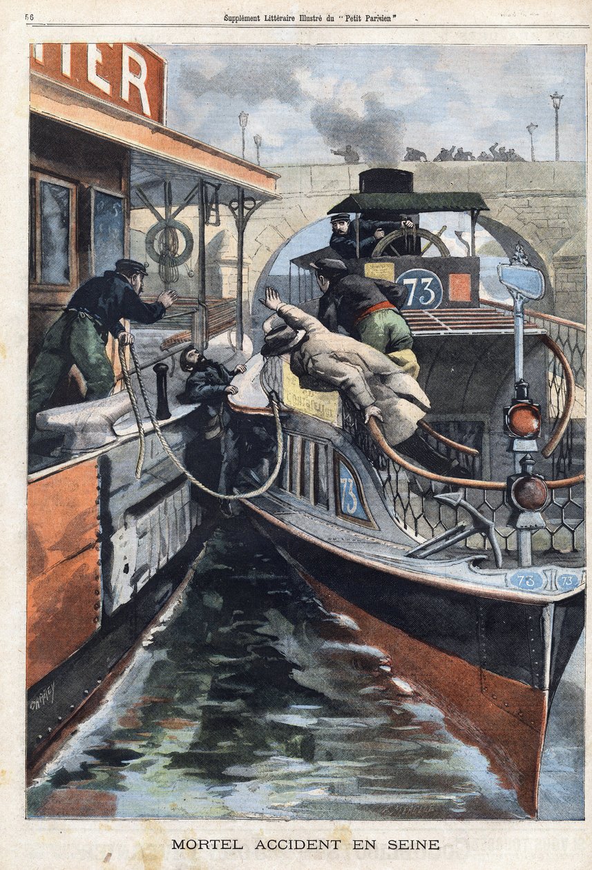 Halálos baleset a Szajnán: a des Bateaux Parisiens egyik alkalmazottja meghalt két hajó közé ütközve a Charenton híd közelében. Metszet a „Le Petit Parisien”-ben, 1901.02.17. alkotó: (after) Carrey