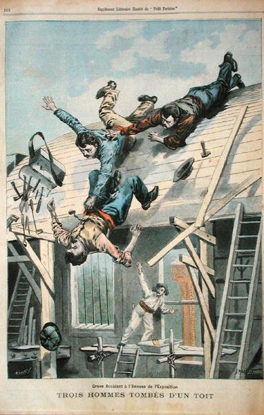 Három férfi lezuhan a tetőről, a "Le Petit Parisian"-ból, Fortune-Louis Meaulle (1844-1901) metszetében, 1900. április 8. (színes litó) alkotó: (after) Carrey