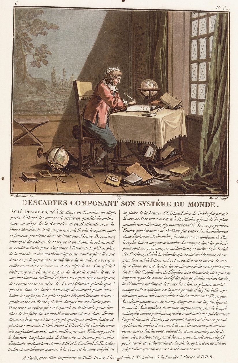 Descartes komponálja világrendszerét, 1786-1792 körül (színes akvatinta) alkotó: (after) Desfontaines