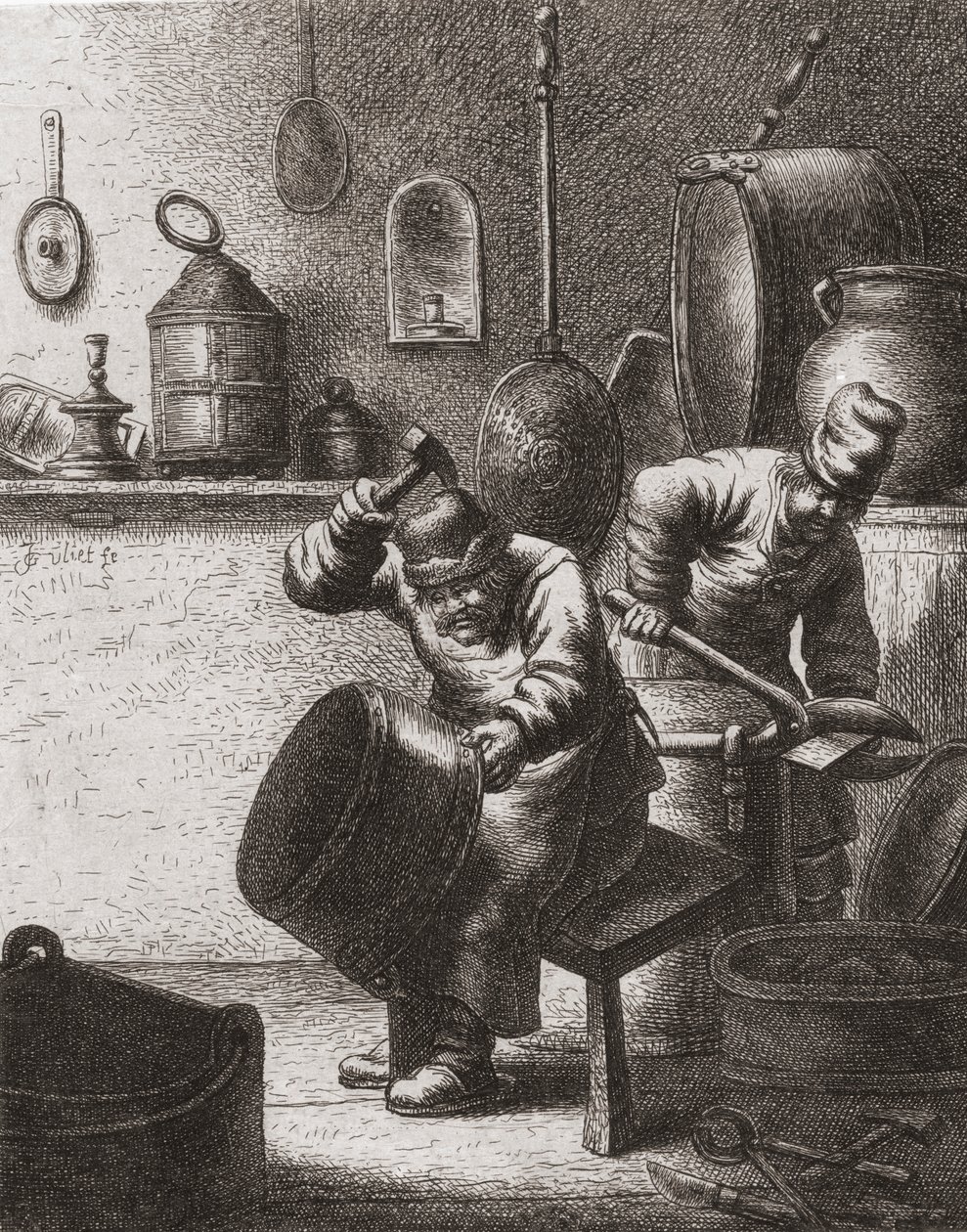 Rézművesek munkában a 17. században (nyomtatás) alkotó: (after) Dutch School