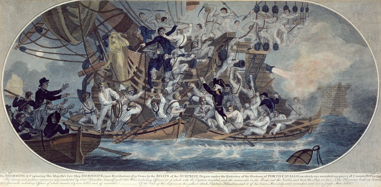 Őfelsége néhai hajójának, a Hermione-nak (jelenleg Retribution) beszállása és elfoglalása 1799. október 25-én, vésette Roffe (színes rézkarc) alkotó: (after) Elms