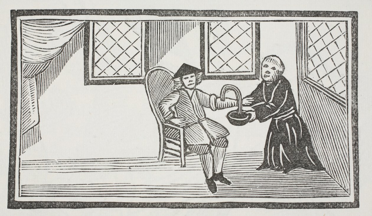 Az őt halálra vérző áruló szerzetes ábrázolása, illusztráció a „Chap-books of the Eightenth Century”-ből, John Ashton, pub. 1882 (litó) alkotó: (after) English School