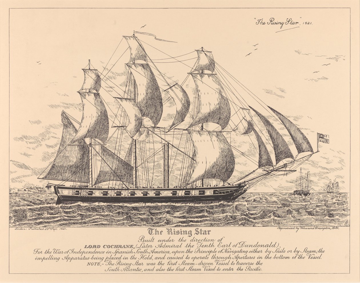 A "Rising Star" (1821), amelyet a spanyol Dél-Amerika függetlenségi háborújára építettek. alkotó: (after) English School