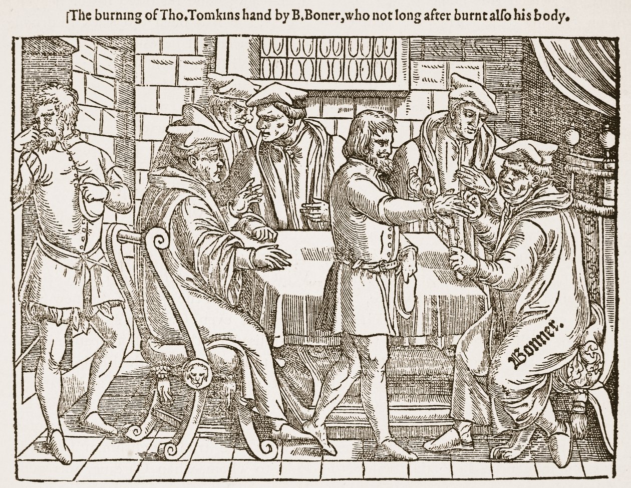 Tho égése. Tomkins keze B. Bonertől, aki nem sokkal később a testét is megégette, illusztráció a „The Church of England: A History for the People” című könyvéből, H.D.M. Spence-Jones, kocsma. 1910 körül (litho) (szépia fotó) alkotó: (after) English School